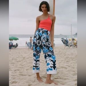 Zara Blue Floral Print Wide Leg High Waist Cropped Pants Coullotes M